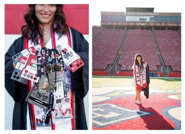 A collage of two photos showing Samantha's game badges and standing on the Fresno State football field